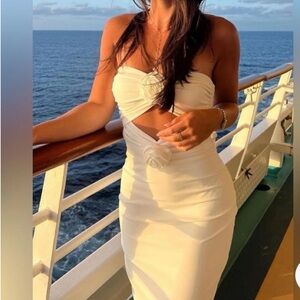 NEW Ronny Kobo Torn White Strapless Cutout Midi Dress with Rosette Detail small